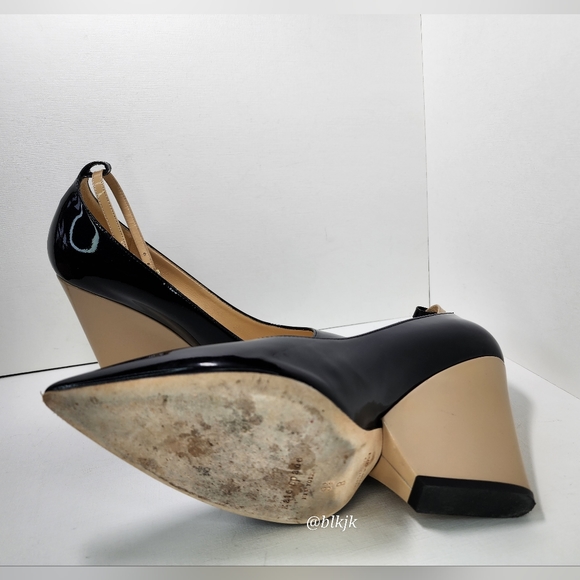 kate spade Prince Black/Powder Patent Leather Strap Wedge Heels EUC Size 9 1/2 - Picture 13 of 16